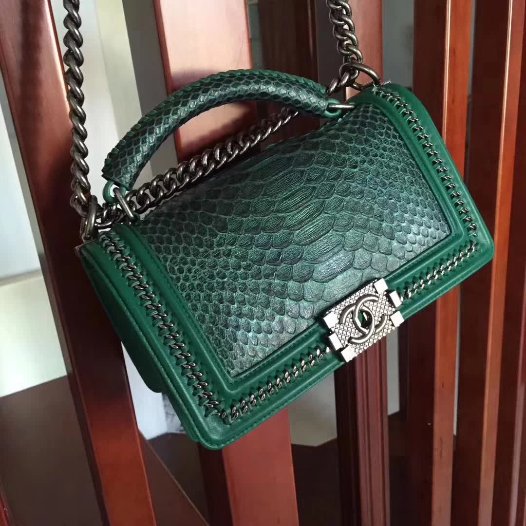 Chanel Green Python 25cm Boy Bag with Top Handle Bronze Hardware