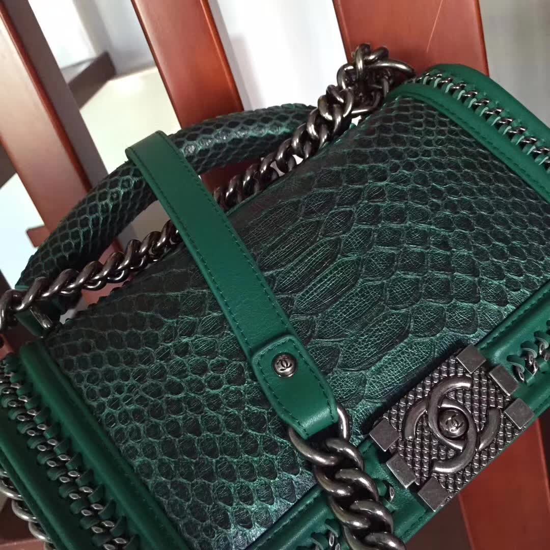 Chanel Green Python 25cm Boy Bag with Top Handle Bronze Hardware