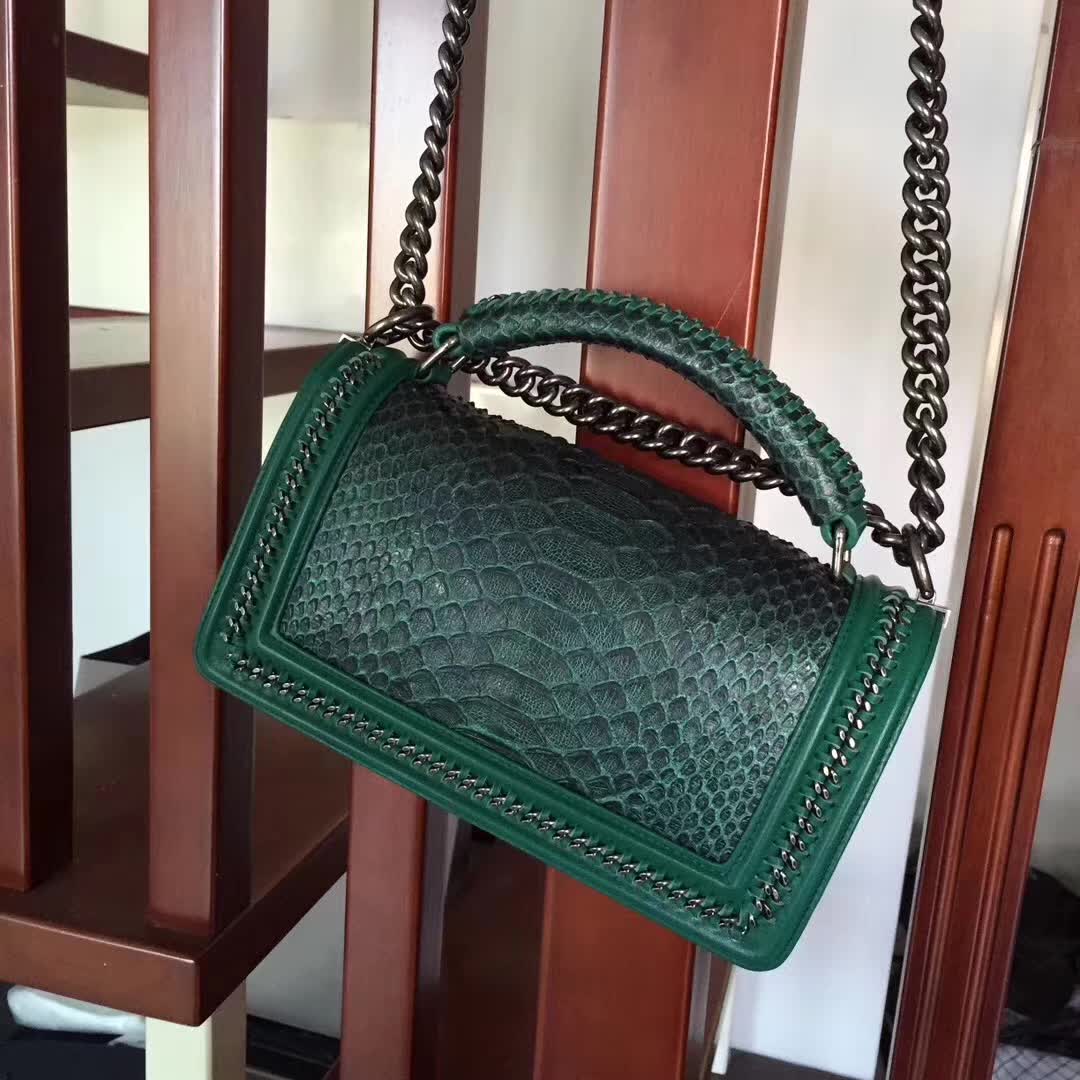 Chanel Green Python 25cm Boy Bag with Top Handle Bronze Hardware