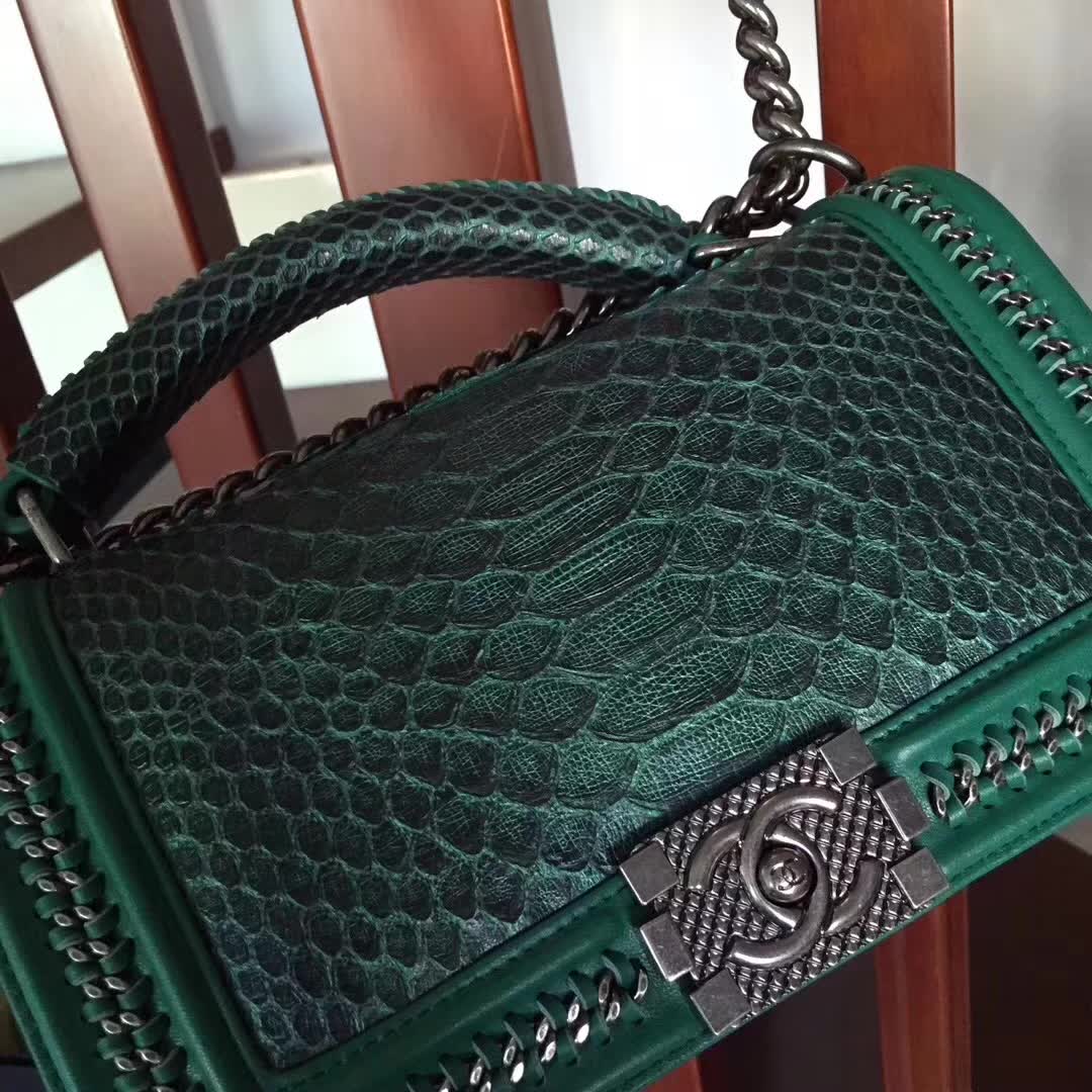 Chanel Green Python 25cm Boy Bag with Top Handle Bronze Hardware