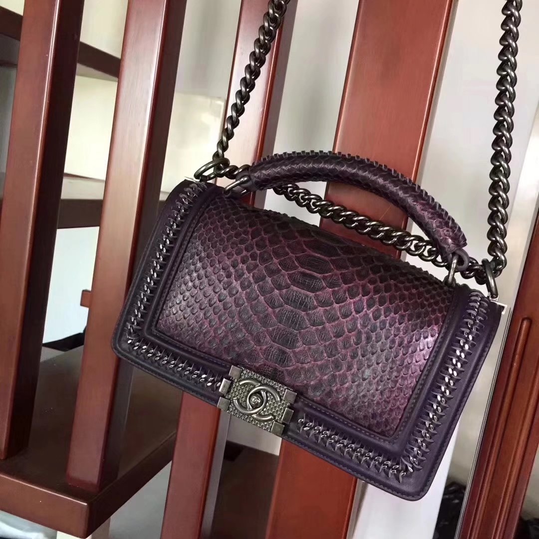 Chanel Purple Python 25cm Boy Bag with Top Handle Bronze Hardware