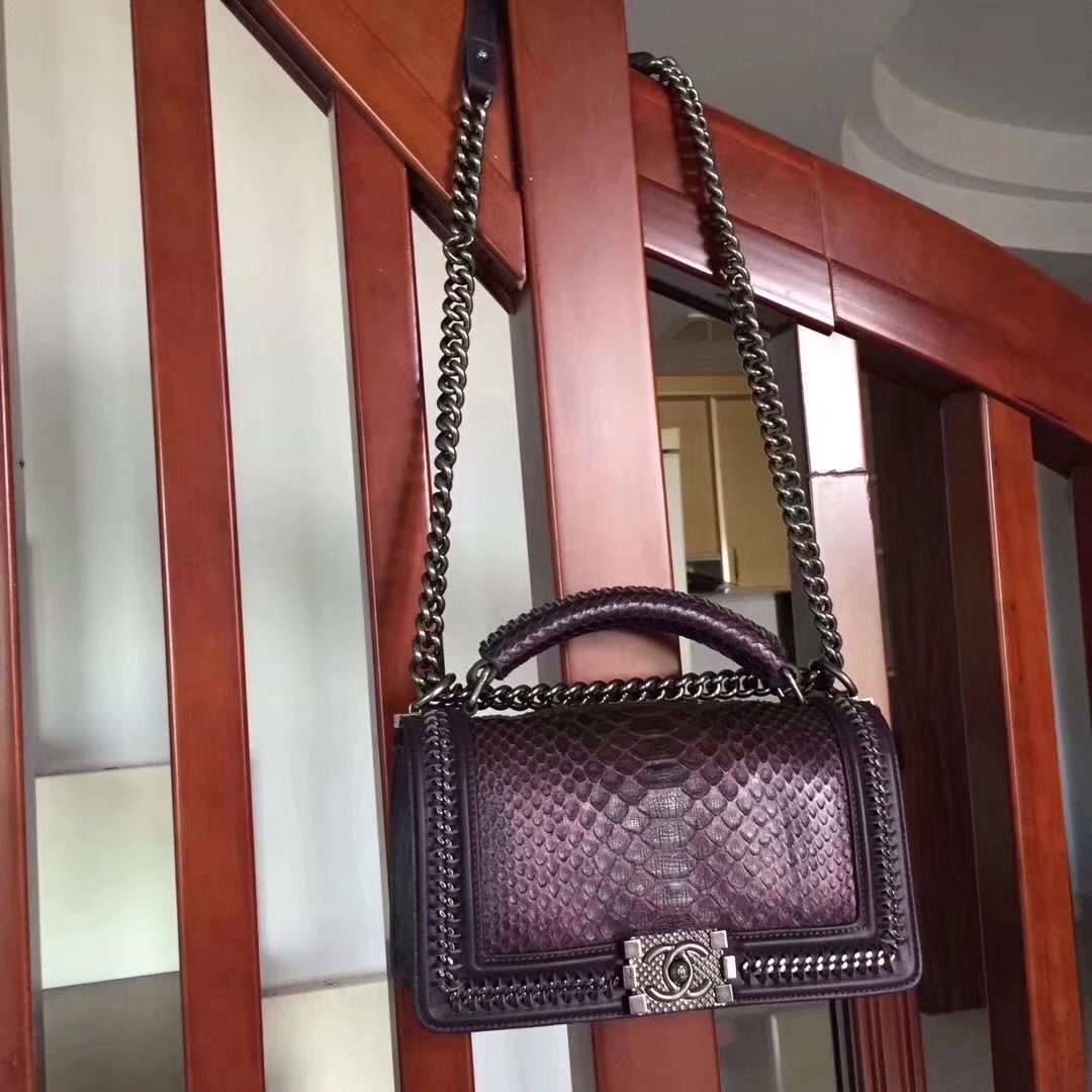 Chanel Purple Python 25cm Boy Bag with Top Handle Bronze Hardware