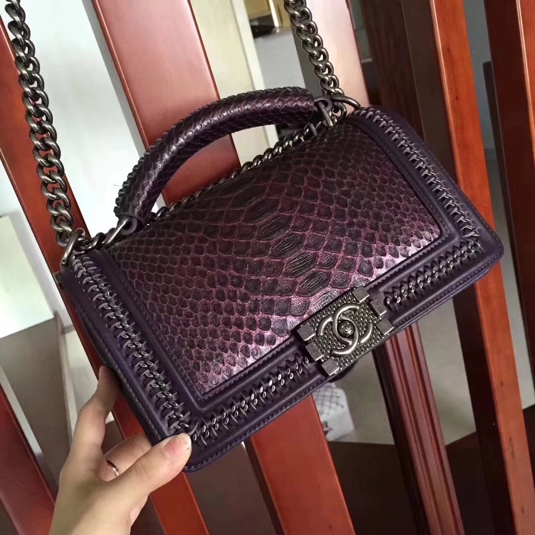 Chanel Purple Python 25cm Boy Bag with Top Handle Bronze Hardware