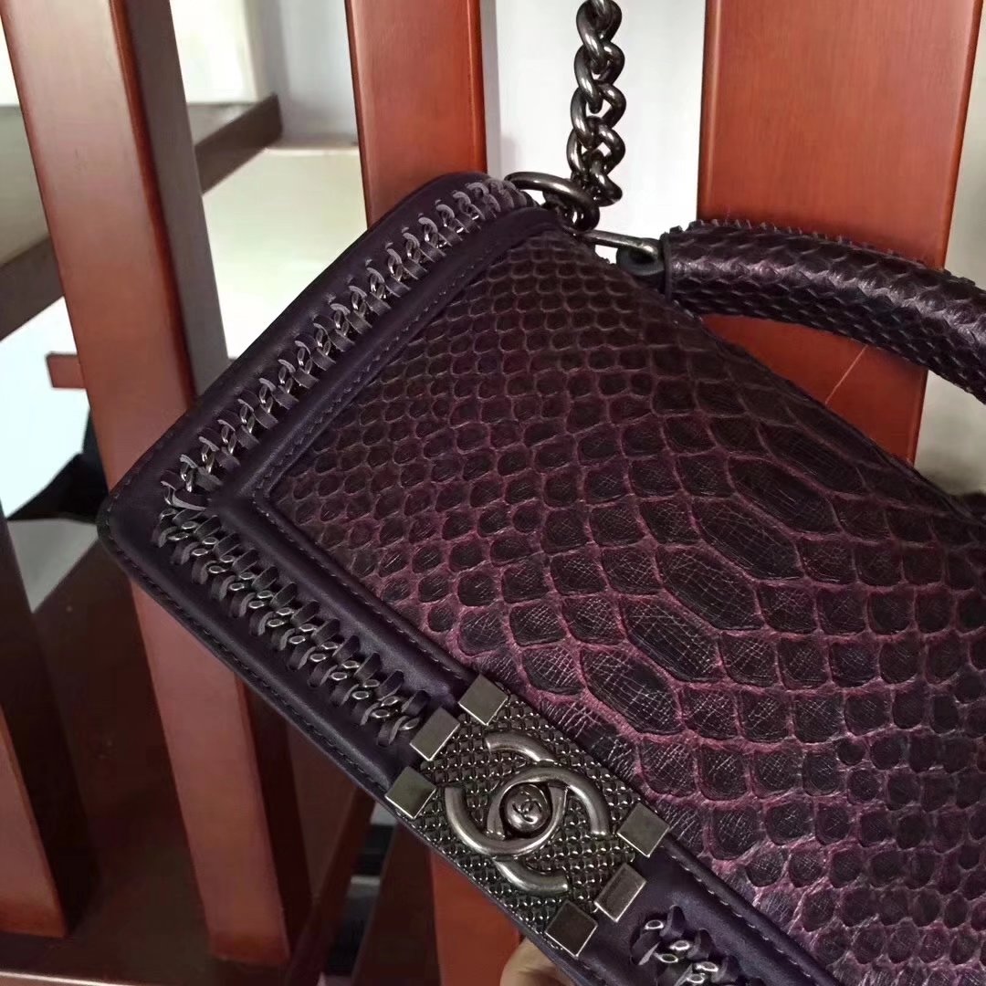 Chanel Purple Python 25cm Boy Bag with Top Handle Bronze Hardware