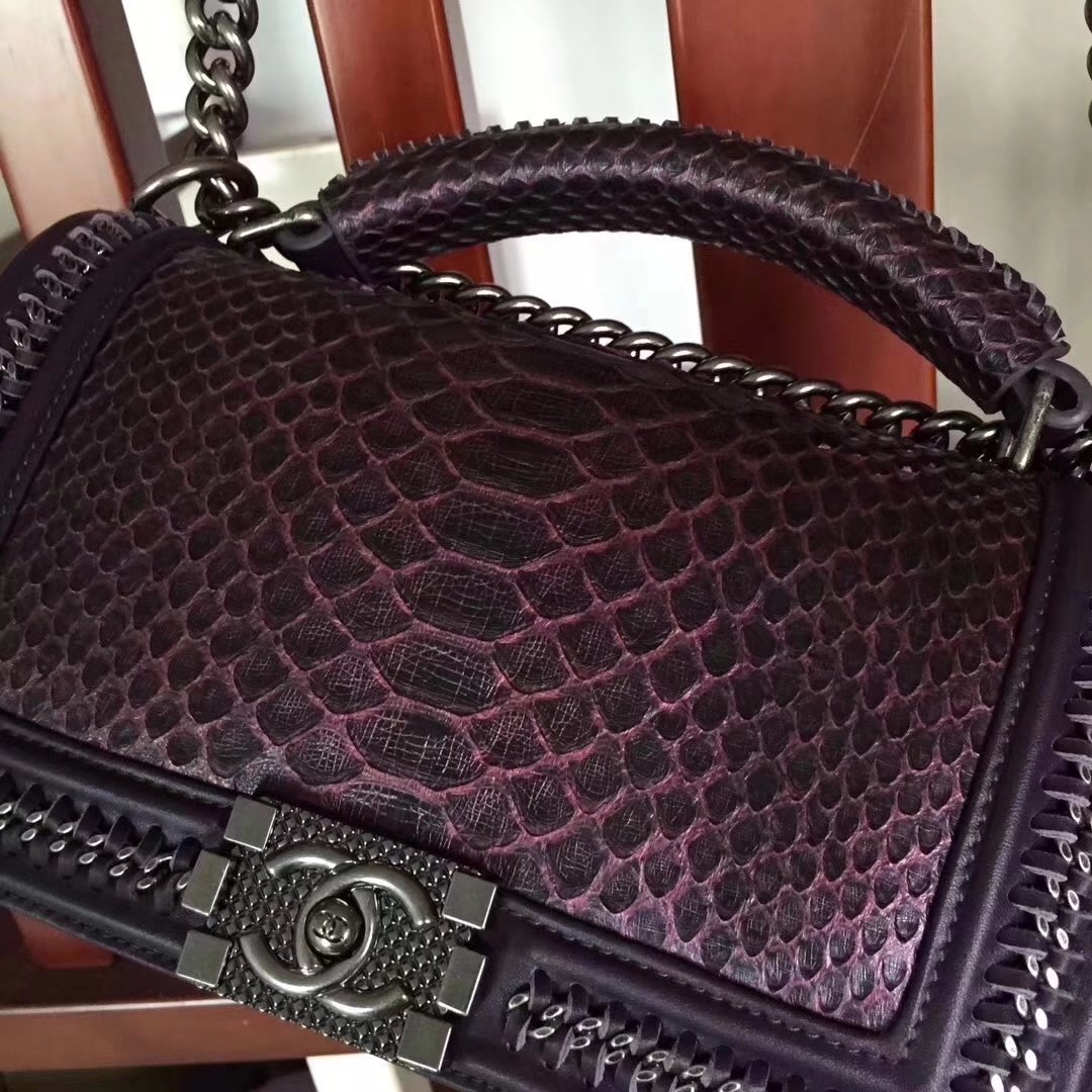 Chanel Purple Python 25cm Boy Bag with Top Handle Bronze Hardware