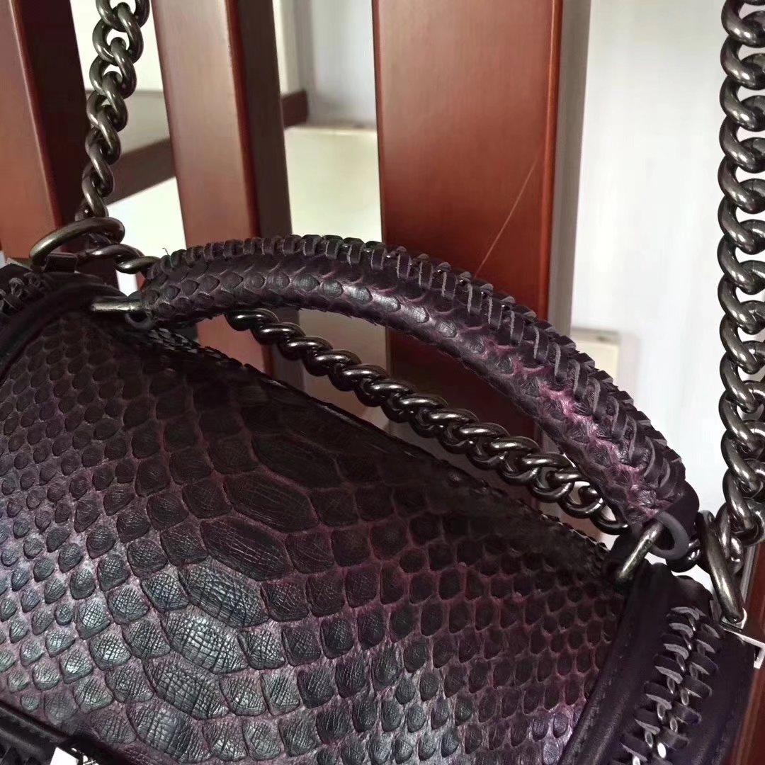 Chanel Purple Python 25cm Boy Bag with Top Handle Bronze Hardware