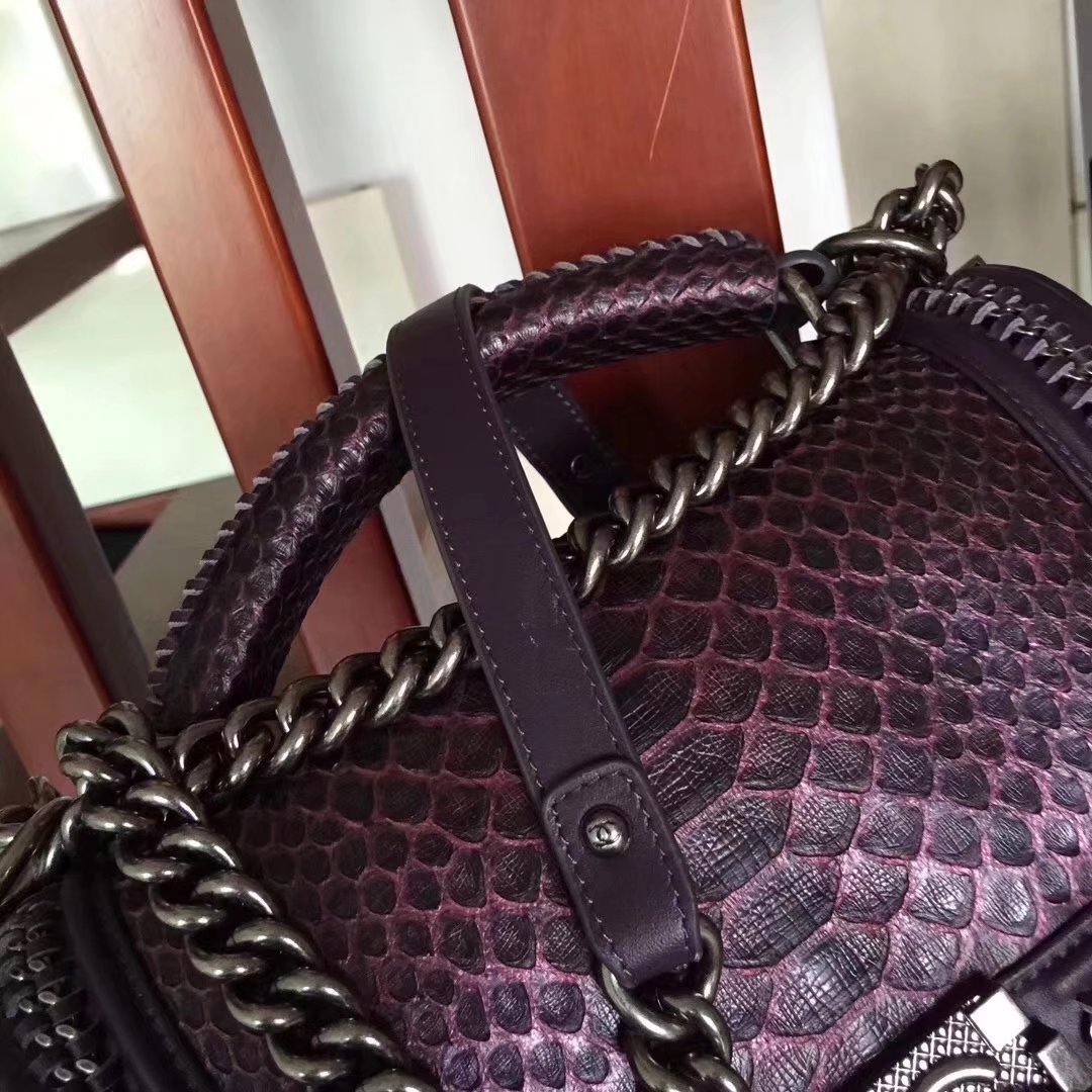 Chanel Purple Python 25cm Boy Bag with Top Handle Bronze Hardware