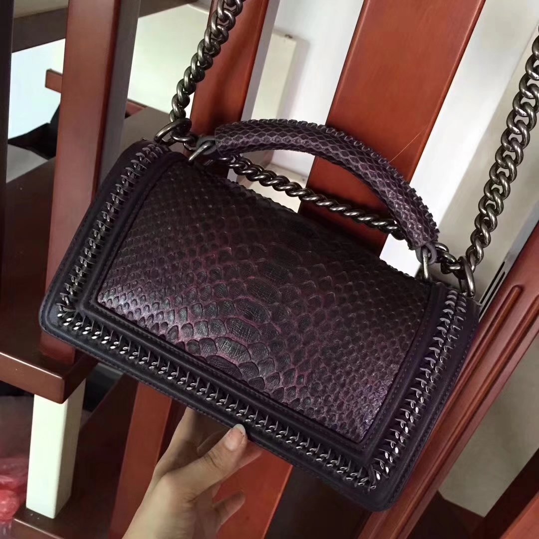 Chanel Purple Python 25cm Boy Bag with Top Handle Bronze Hardware