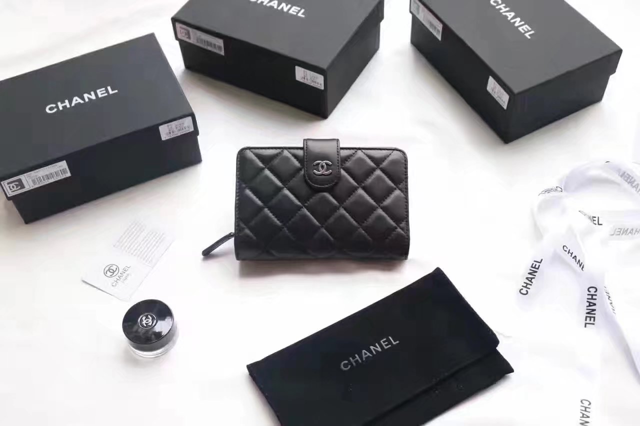 Chanel Women Black Balls Leather Hasp Wallet With Silver