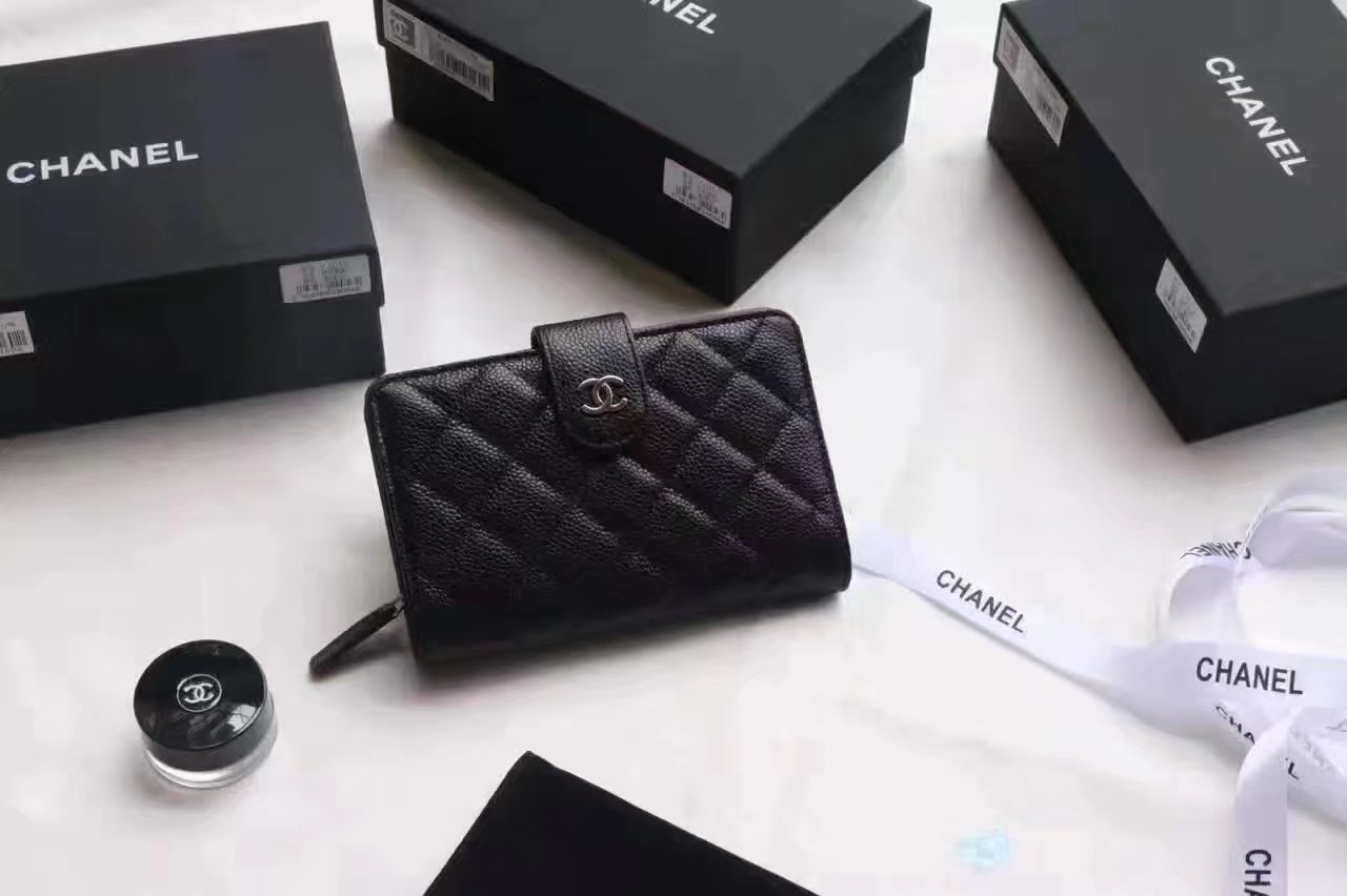 Chanel Women Black Balls Leather Hasp Wallet With Silver