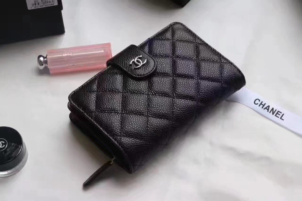 Chanel Women Black Balls Leather Hasp Wallet With Silver