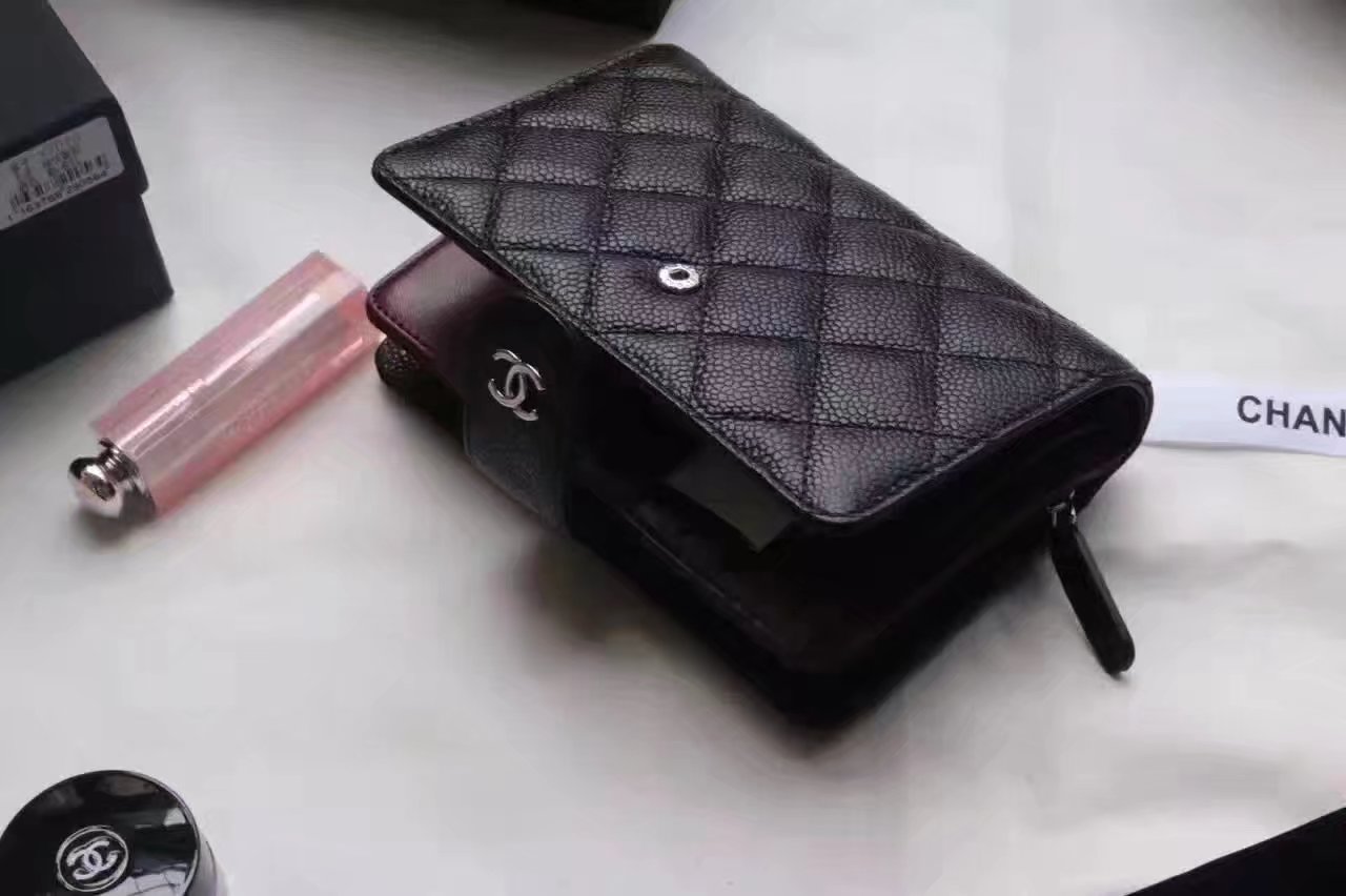 Chanel Women Black Balls Leather Hasp Wallet With Silver