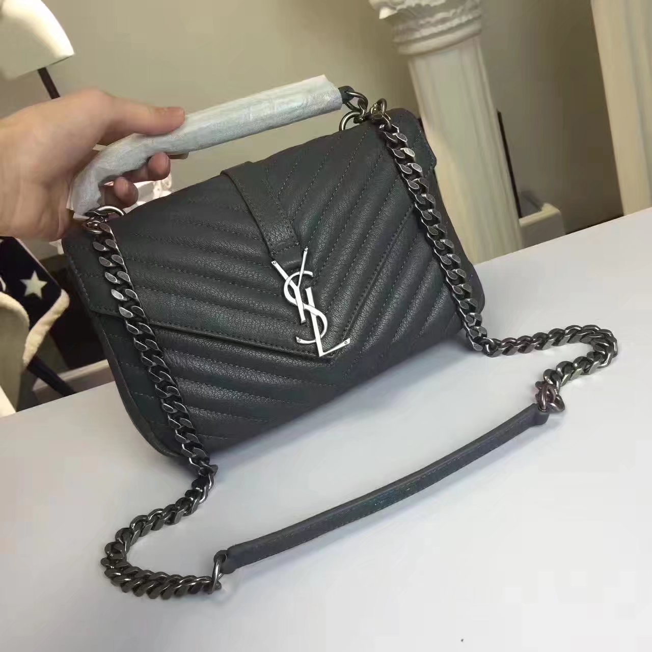 Classic Saint Laurent Top Handle Bag With Metal Chain And Leather Removable Shoulder Strap Black