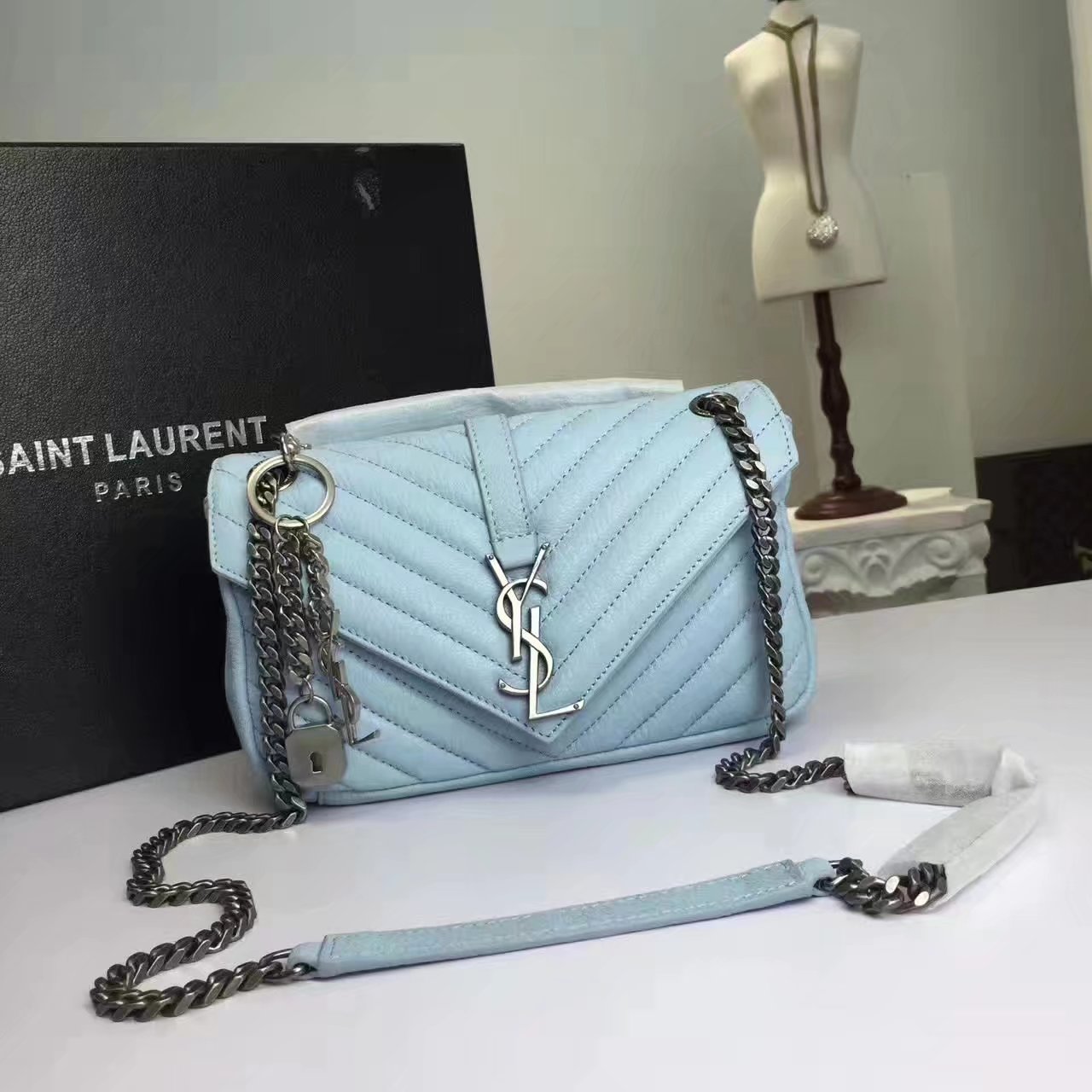 Classic Saint Laurent Top Handle Bag With Metal Chain And Leather Removable Shoulder Strap Blue