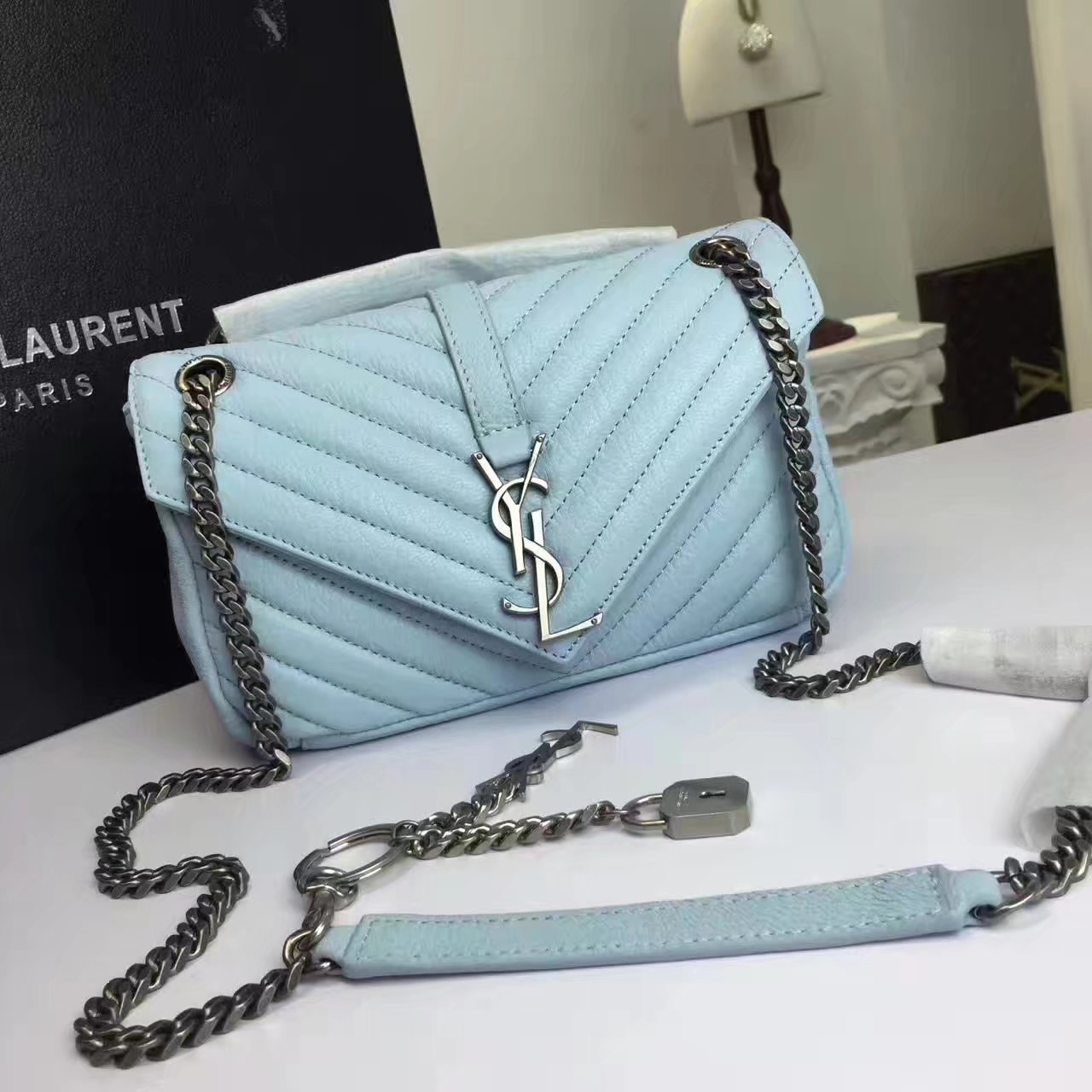 Classic Saint Laurent Top Handle Bag With Metal Chain And Leather Removable Shoulder Strap Blue