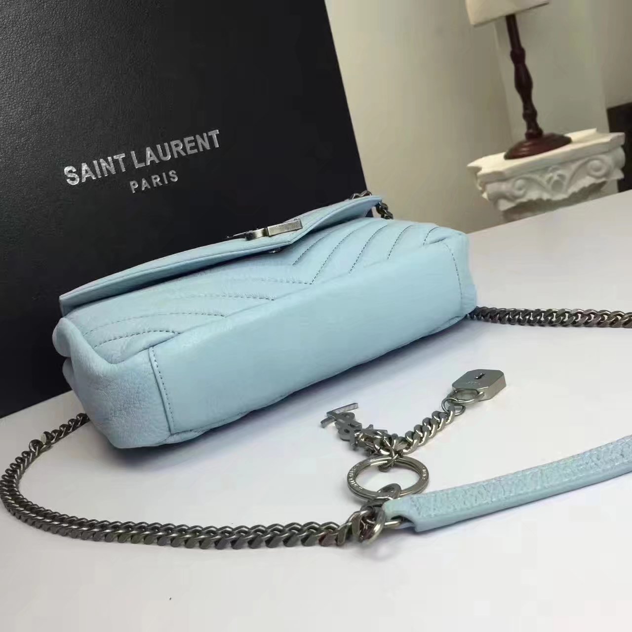 Classic Saint Laurent Top Handle Bag With Metal Chain And Leather Removable Shoulder Strap Blue