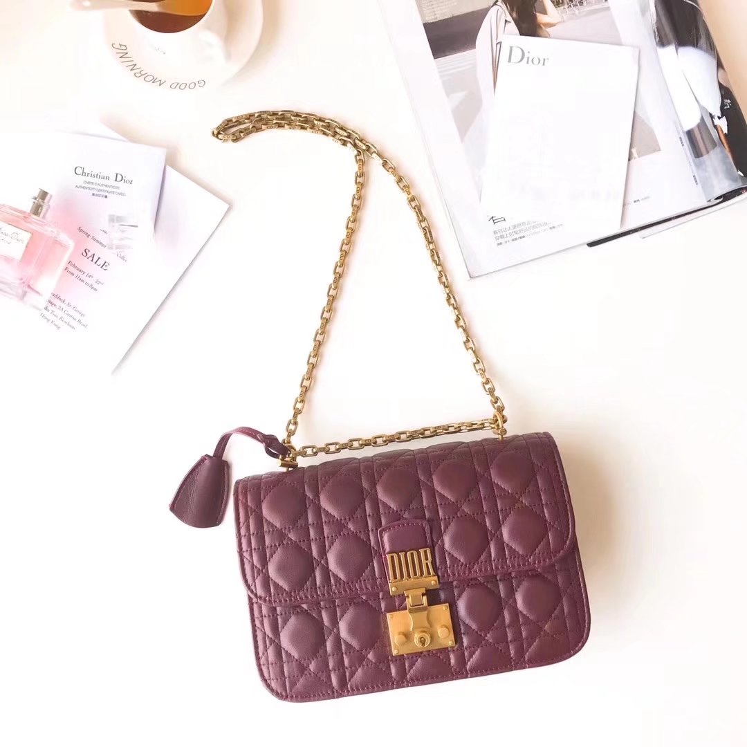 Dior 24cm Dioraddict Flap Bag in Burgundy Lambskin Cannage Topstitching