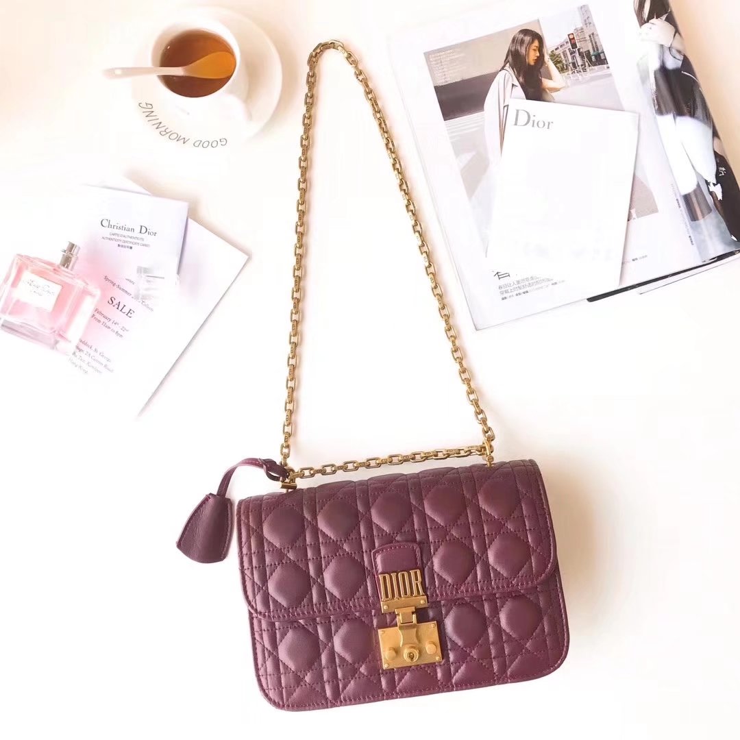 Dior 24cm Dioraddict Flap Bag in Burgundy Lambskin Cannage Topstitching