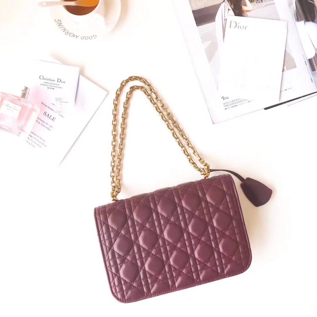 Dior 24cm Dioraddict Flap Bag in Burgundy Lambskin Cannage Topstitching