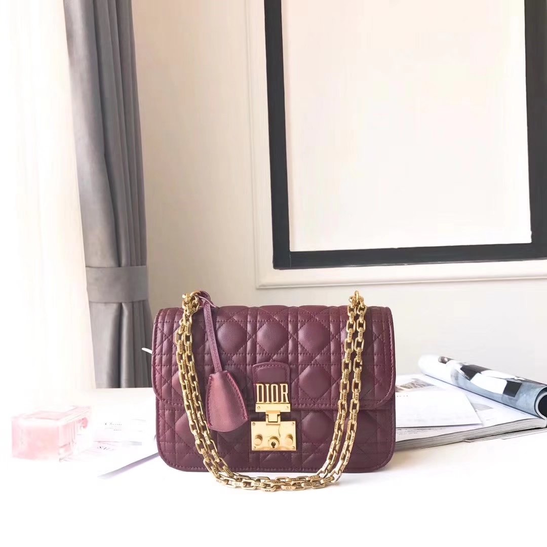 Dior 24cm Dioraddict Flap Bag in Burgundy Lambskin Cannage Topstitching