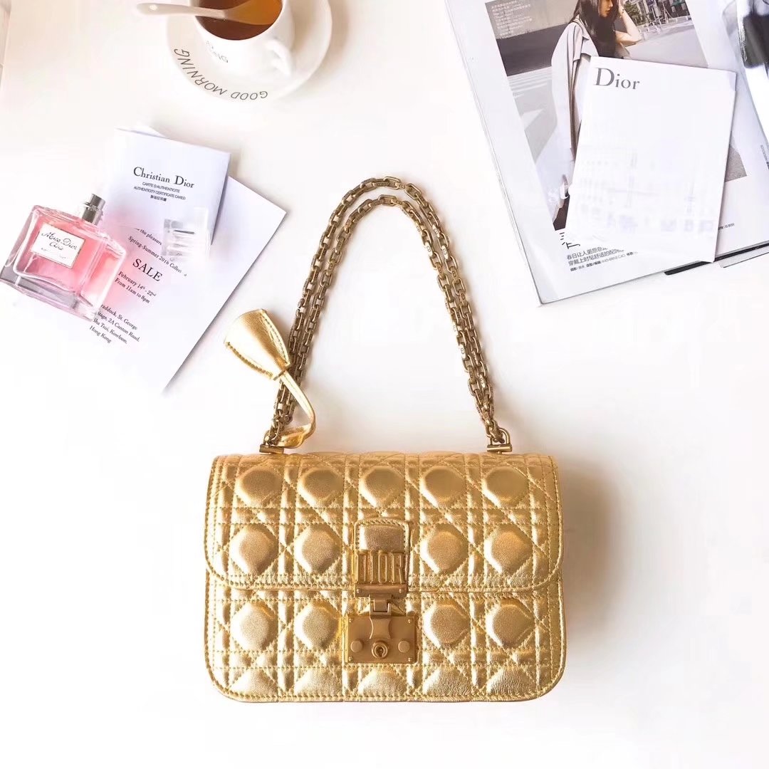 Dior 24cm Dioraddict Flap Bag in Gold Lambskin Cannage Topstitching