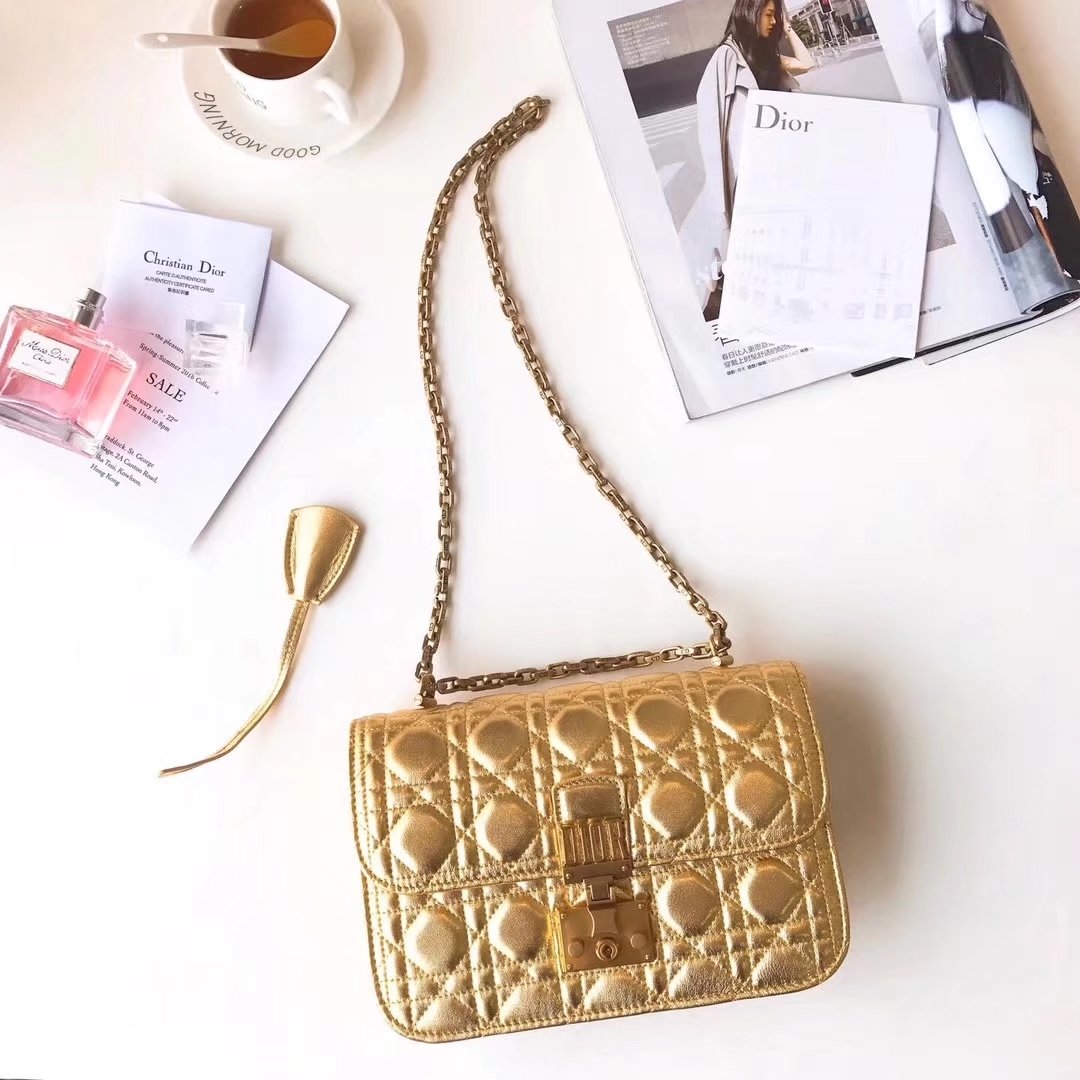 Dior 24cm Dioraddict Flap Bag in Gold Lambskin Cannage Topstitching