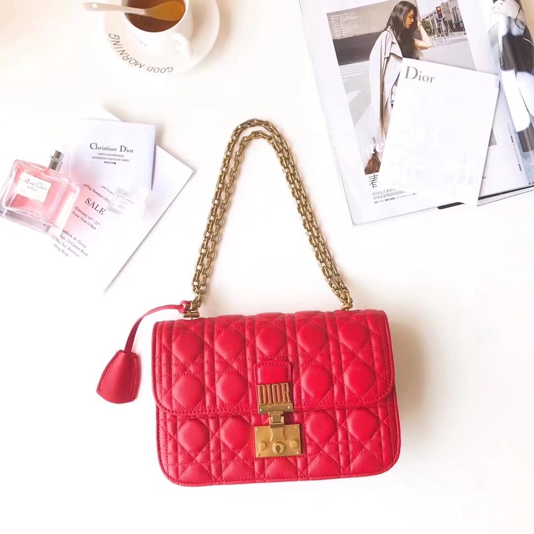 Dior 24cm Dioraddict Flap Bag in Red Lambskin Cannage Topstitching