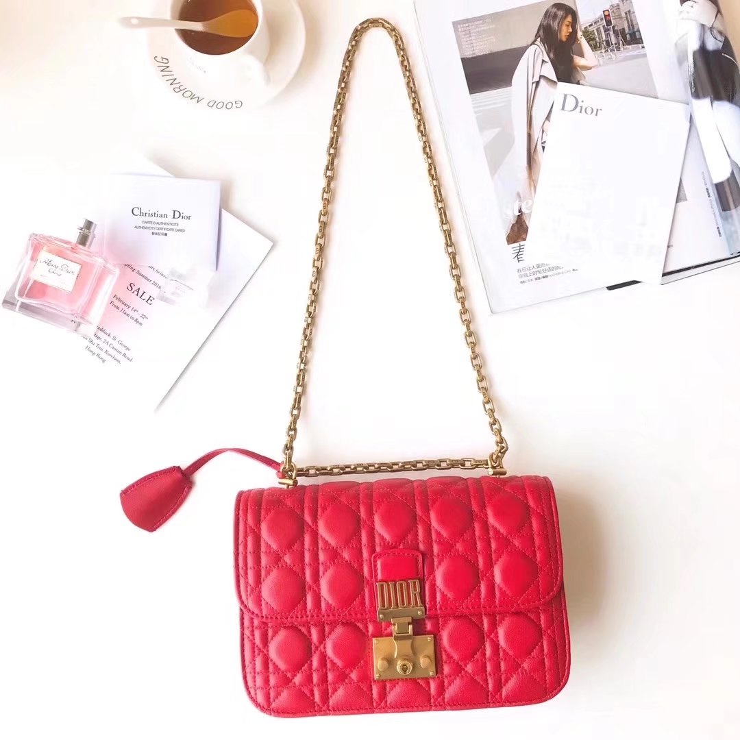 Dior 24cm Dioraddict Flap Bag in Red Lambskin Cannage Topstitching