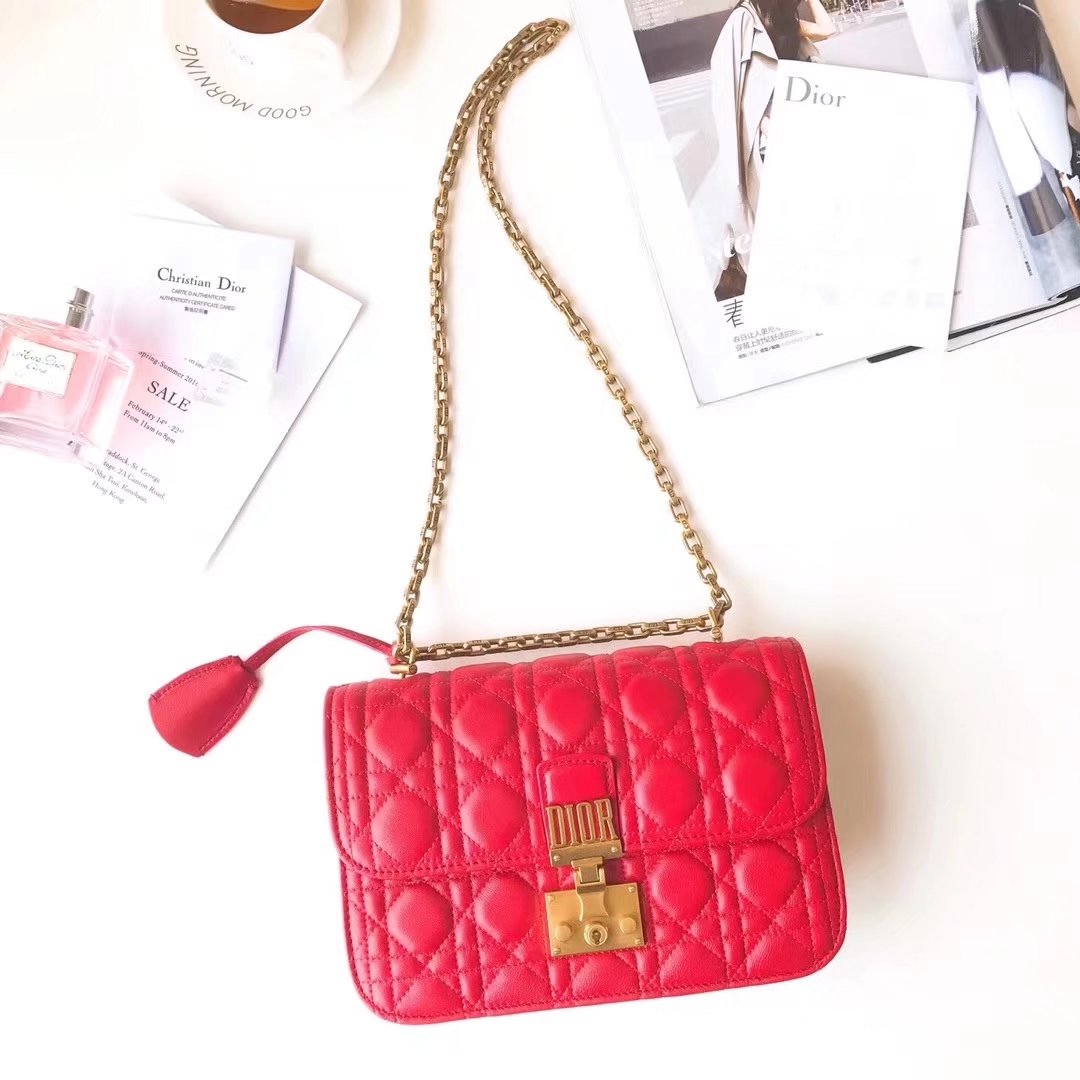 Dior 24cm Dioraddict Flap Bag in Red Lambskin Cannage Topstitching