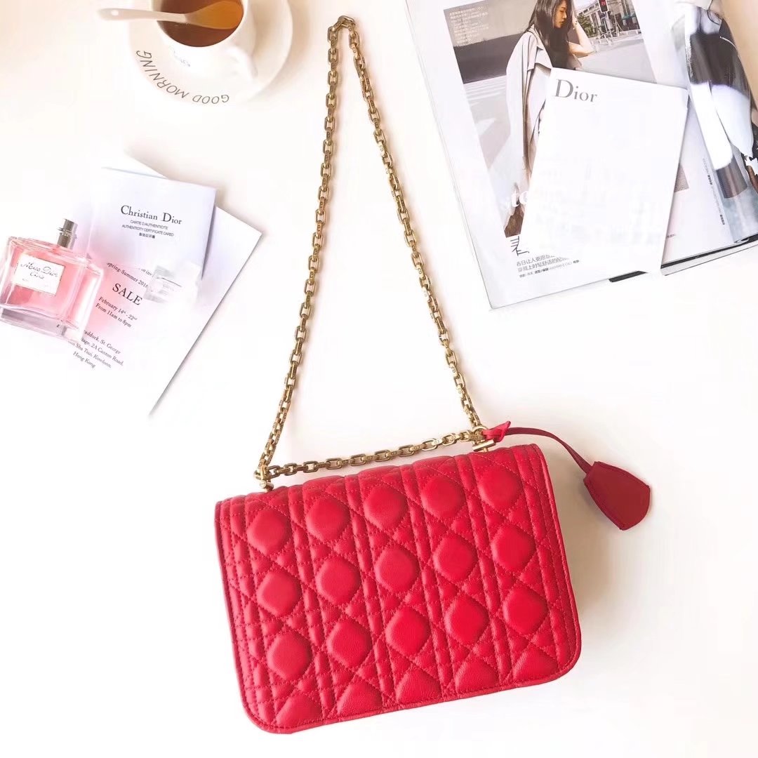 Dior 24cm Dioraddict Flap Bag in Red Lambskin Cannage Topstitching