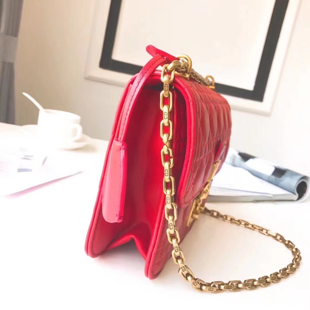 Dior 24cm Dioraddict Flap Bag in Red Lambskin Cannage Topstitching