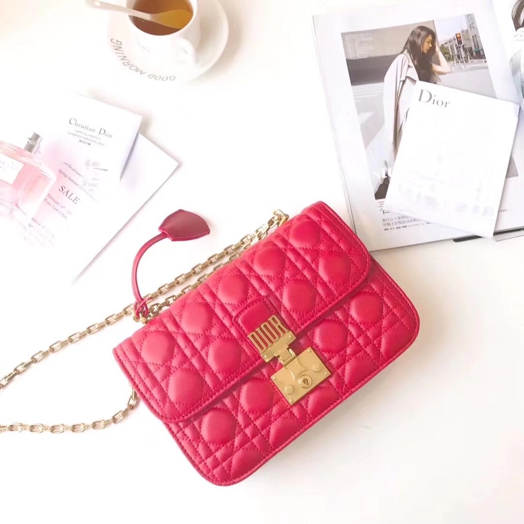 Dior 24cm Dioraddict Flap Bag in Red Lambskin Cannage Topstitching