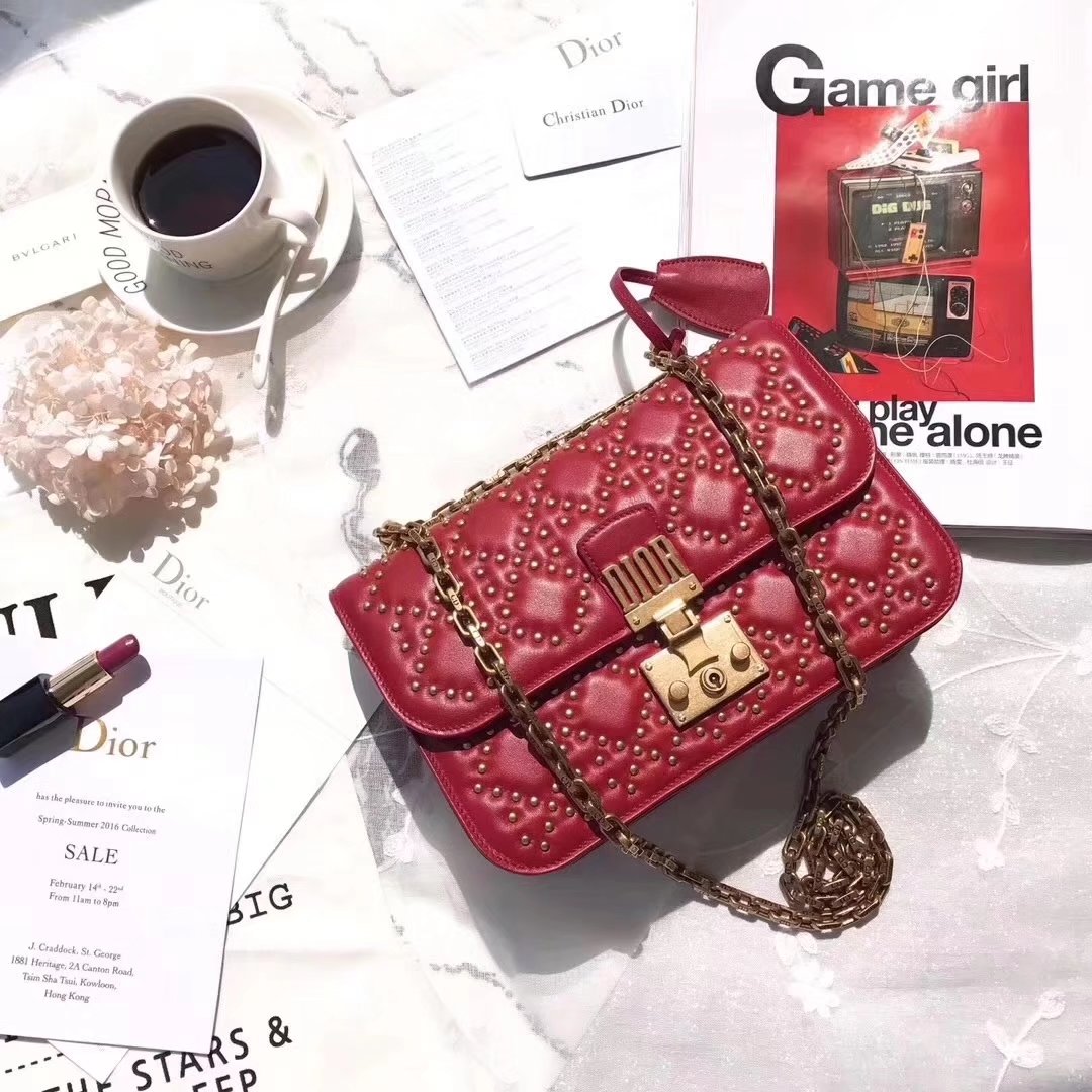 Dior Dioraddict Flap Bag in Red Studded Lambskin Cannage Design