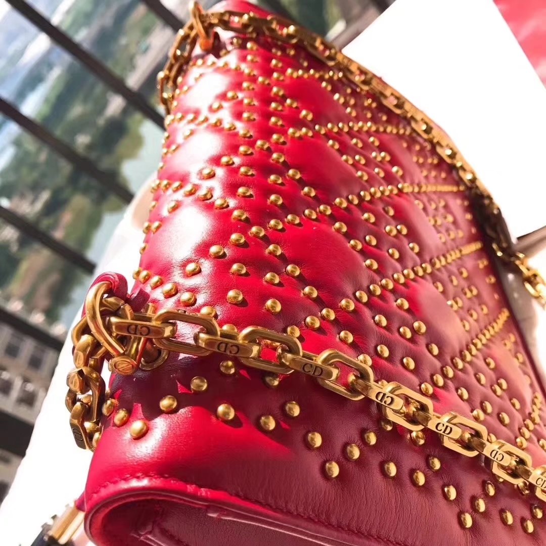 Dior Dioraddict Flap Bag in Red Studded Lambskin Cannage Design