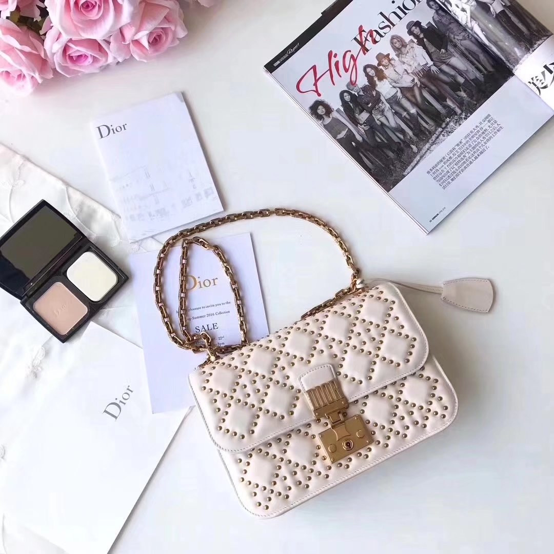 Dior Dioraddict Flap Bag in White Studded Lambskin Cannage Design