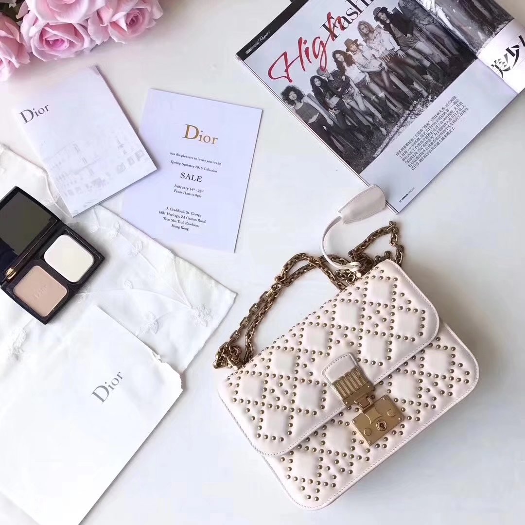 Dior Dioraddict Flap Bag in White Studded Lambskin Cannage Design