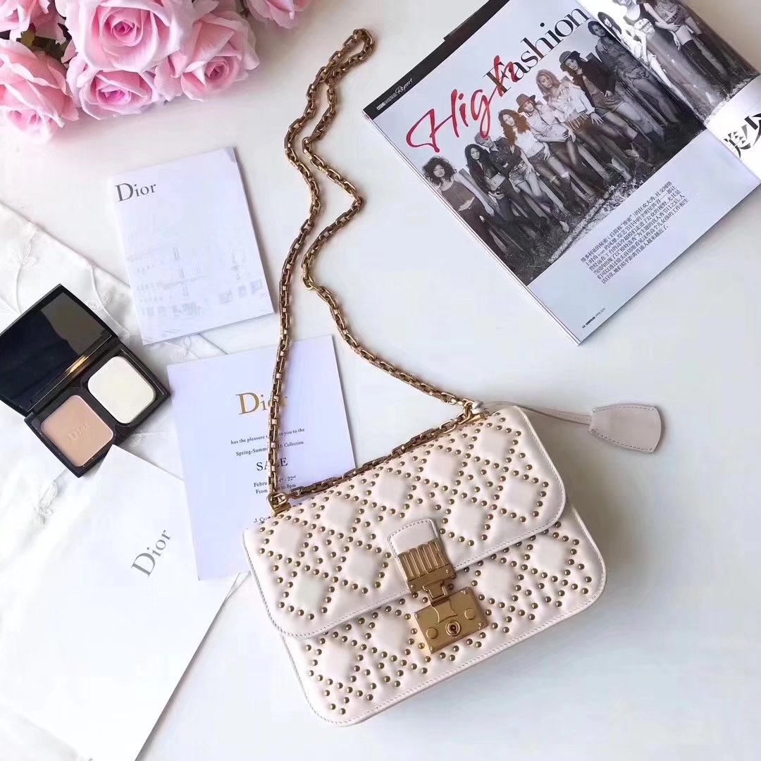 Dior Dioraddict Flap Bag in White Studded Lambskin Cannage Design