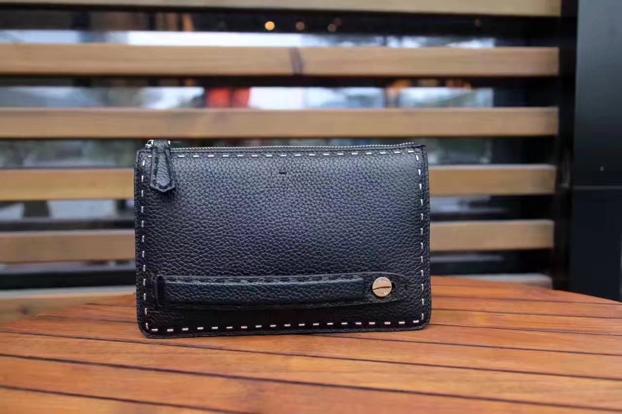 Fendi Clutch Bag in Black Roman Leather White Suture