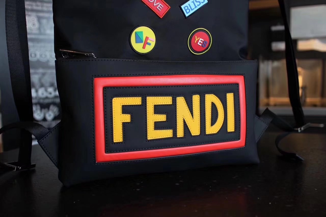 Fendi Faces Motif Men Soft backpack in Black Nylon and Leather