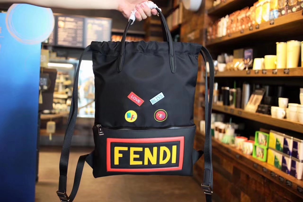 Fendi Faces Motif Men Soft backpack in Black Nylon and Leather