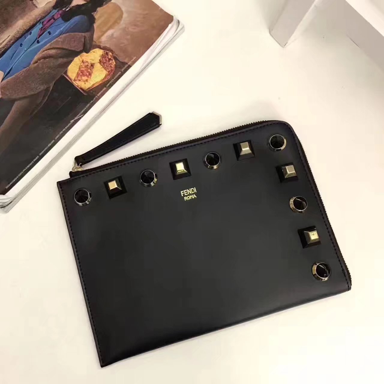 Fendi Flat Clutch in Black Leather with Black Studs