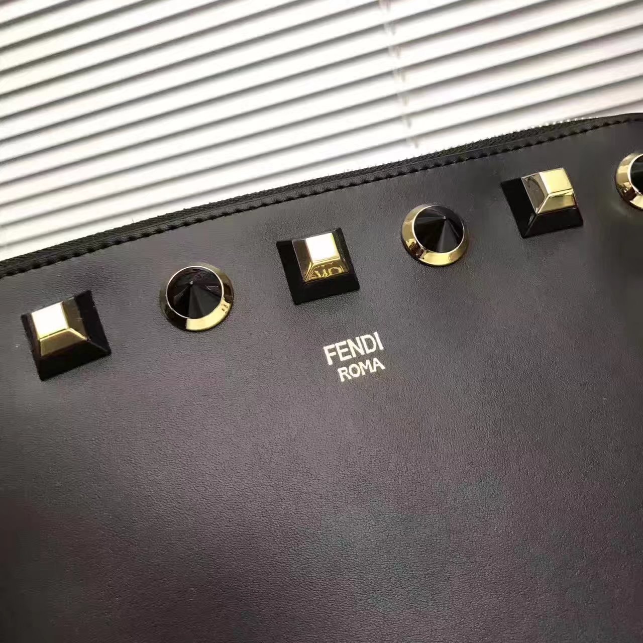 Fendi Flat Clutch in Black Leather with Black Studs