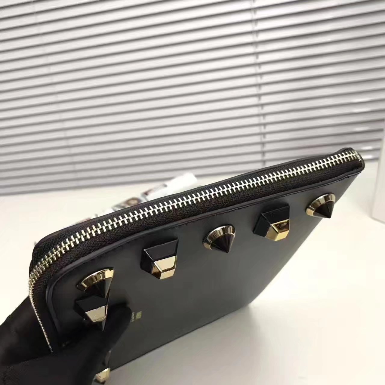 Fendi Flat Clutch in Black Leather with Black Studs