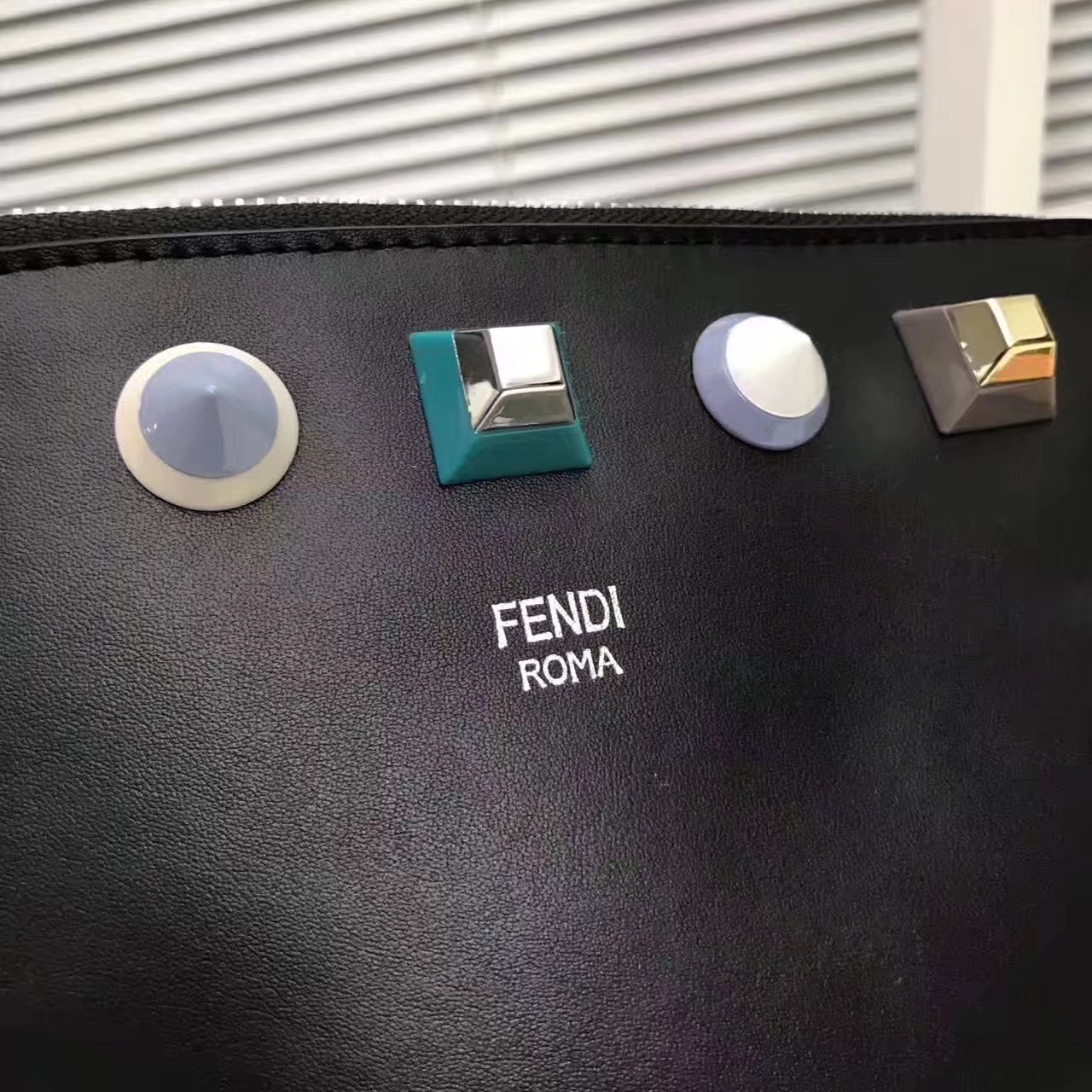 Fendi Flat Clutch in Black Leather with Multicolored Studs