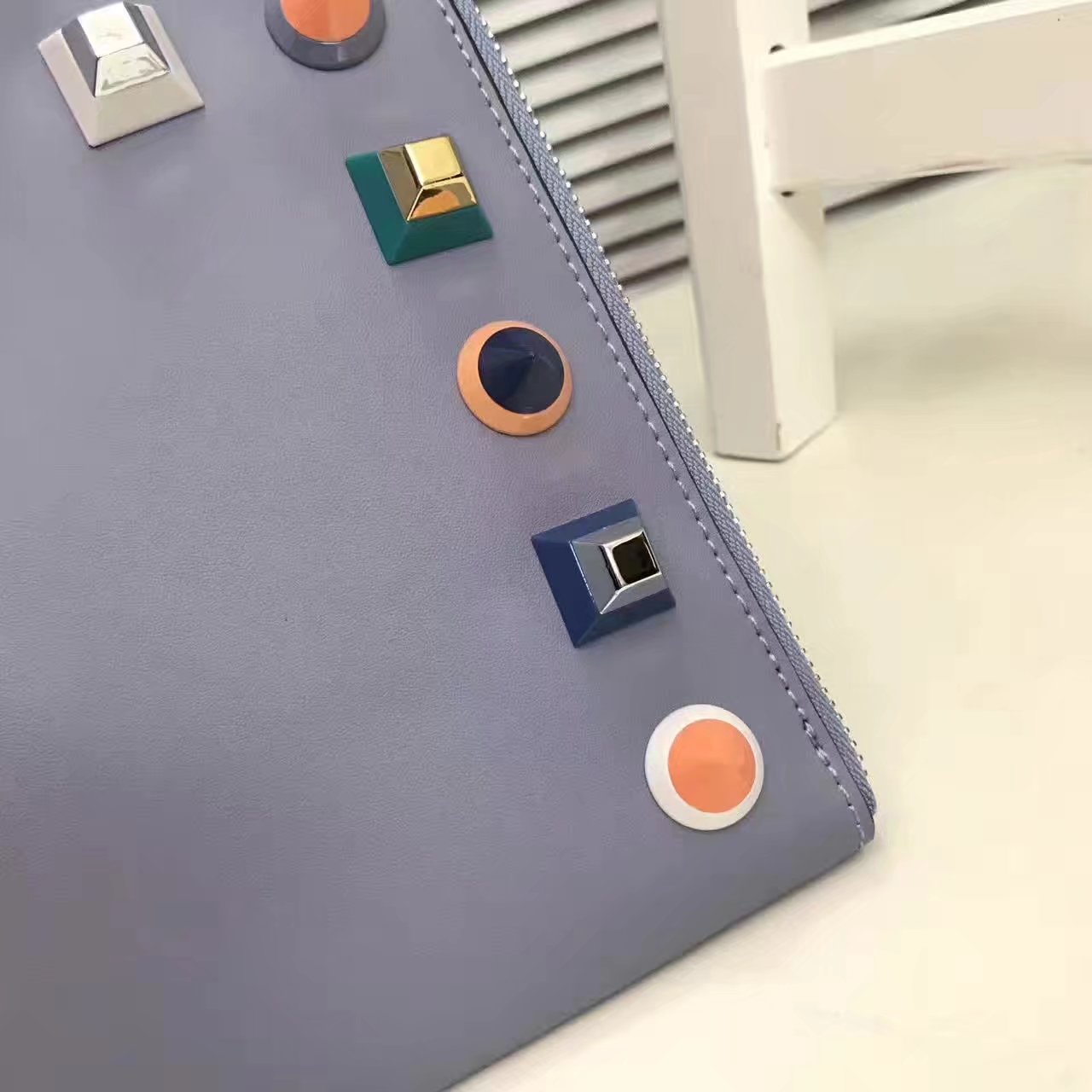 Fendi Flat Clutch in Grey Leather with Multicolored Studs