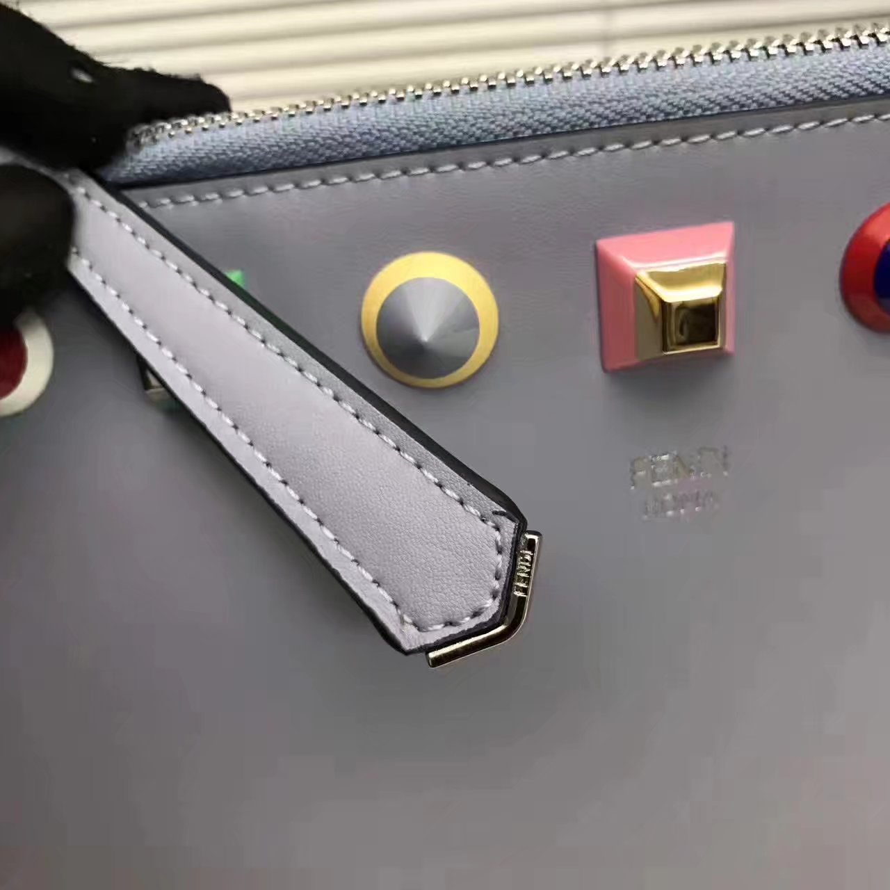 Fendi Flat Clutch in Grey Leather with Multicolored Studs