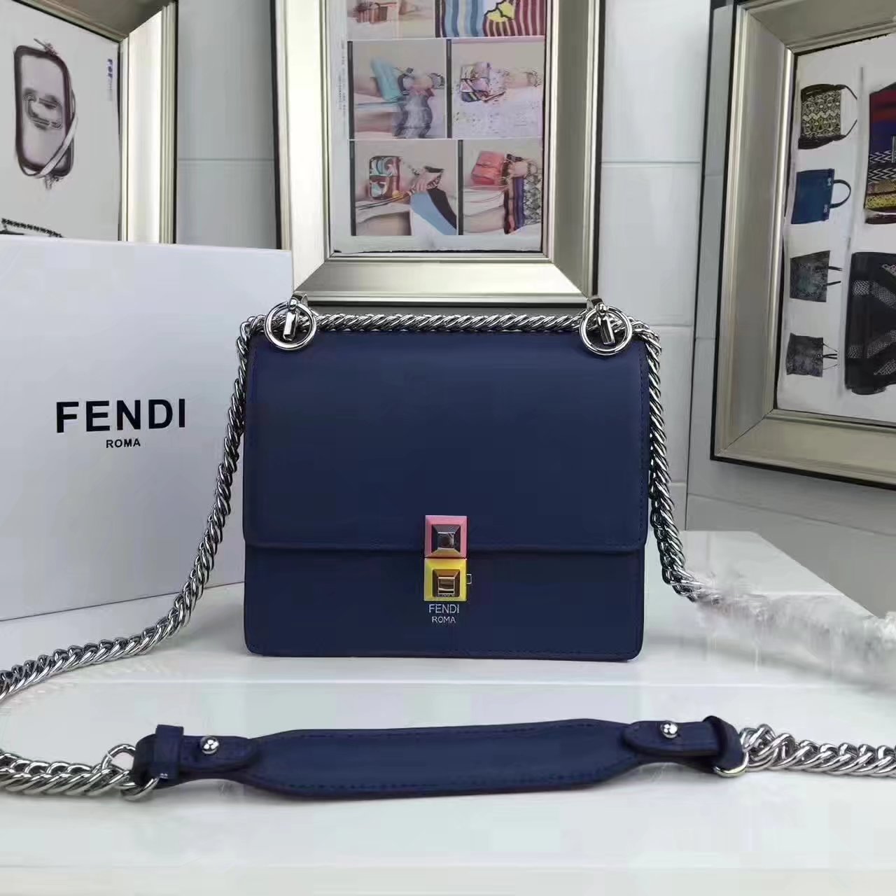 Fendi Small Kan I Blue Leather Mini Bag