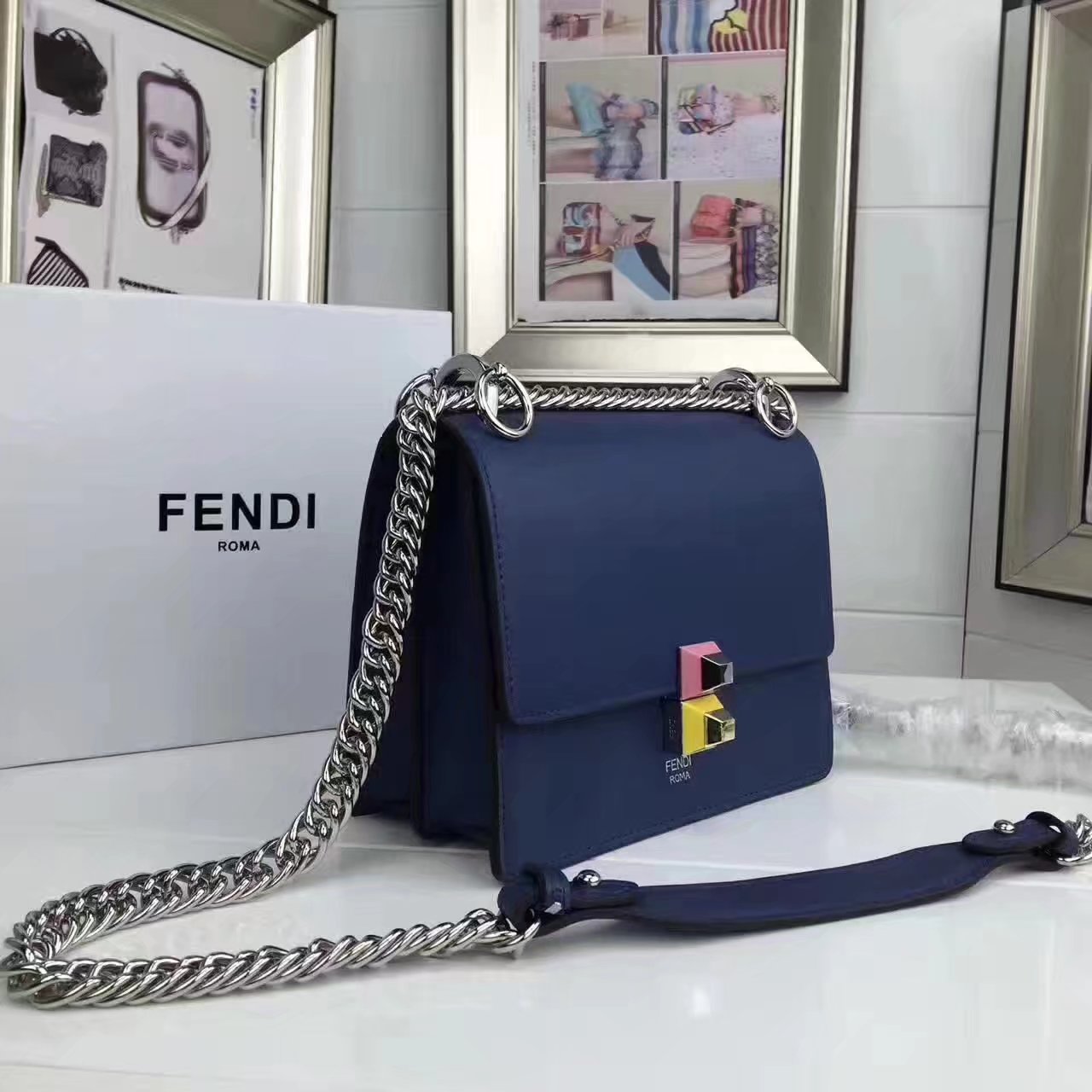 Fendi Small Kan I Blue Leather Mini Bag