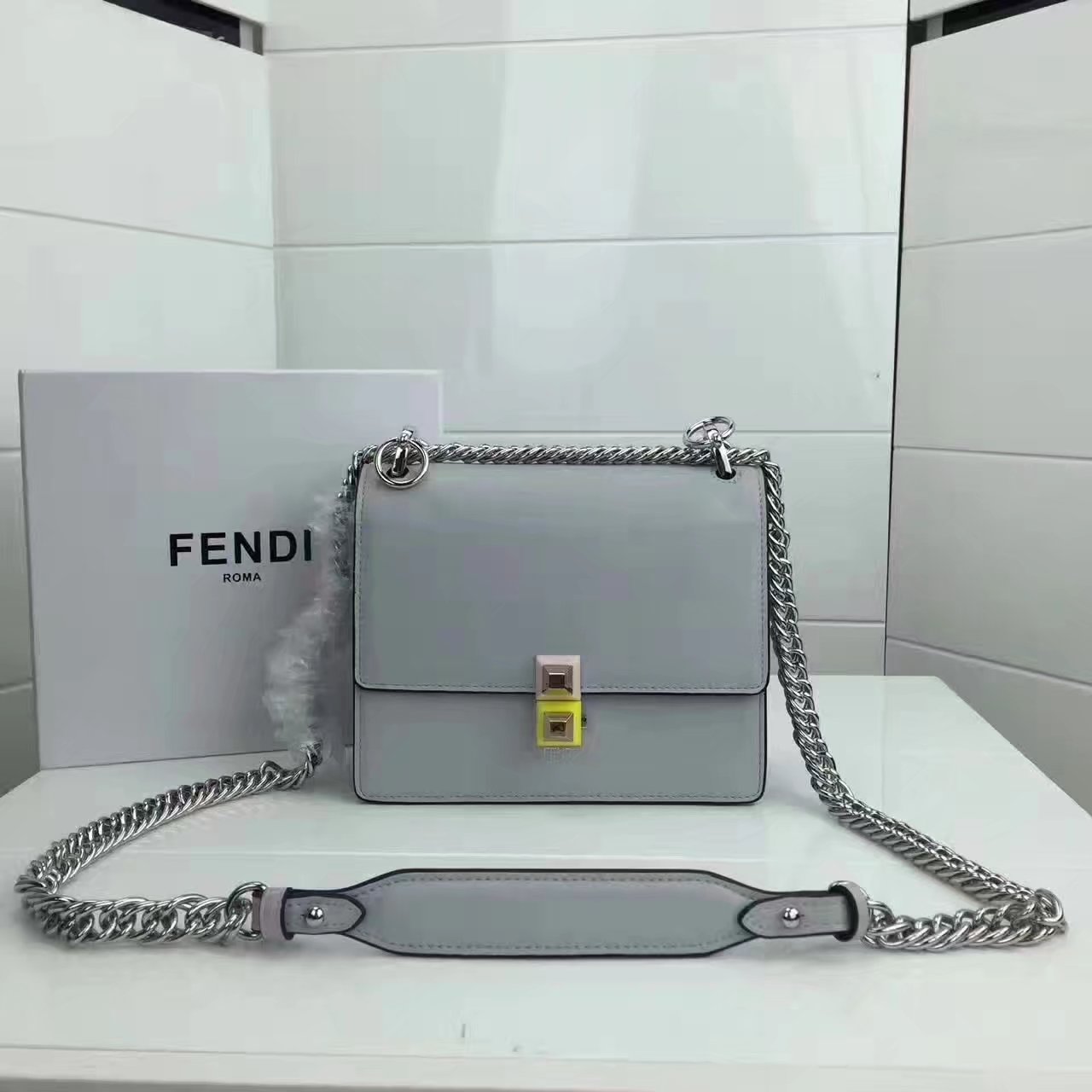 Fendi Small Kan I Grey Leather Mini Bag