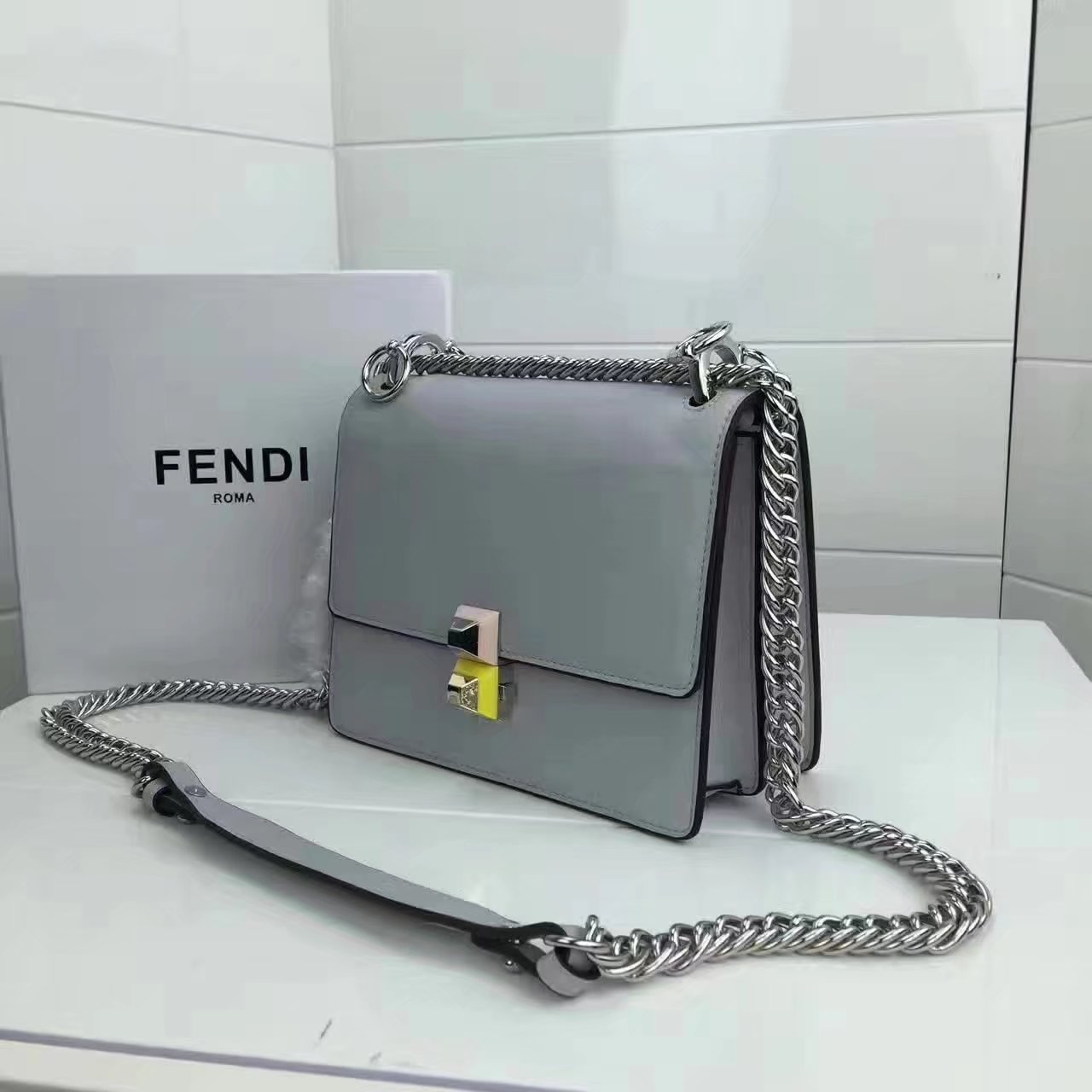 Fendi Small Kan I Grey Leather Mini Bag